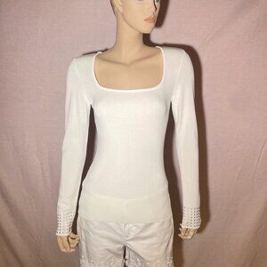 White House Black Market Womens White Knitted Stud-Cuffs Blouse Top Size XS